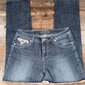 Grace Dark Blue Women’s Straight Leg Jeans with Embroidered Pocket